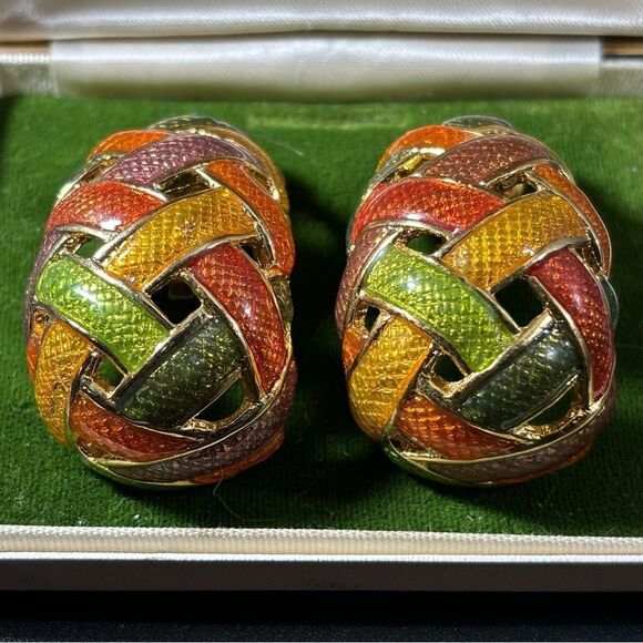 Vintage Large Enamel Woven Half Hoop Earrings,‎ Green Gold Orange Enamel, 1980s - Picture 1 of 3